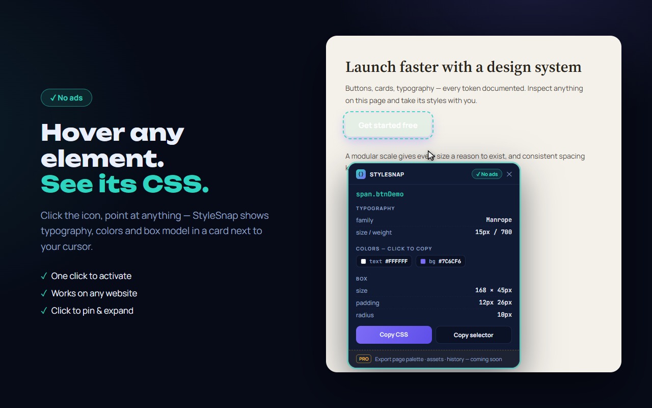 StyleSnap CSS inspector panel showing selector, typography, colors and box model of hovered element